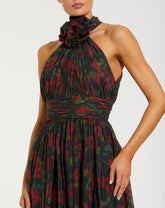 Black Floral Print Halter Neck Gown with Rosette